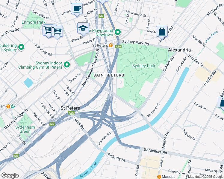 map of restaurants, bars, coffee shops, grocery stores, and more near 25 Campbell Street in Saint Peters