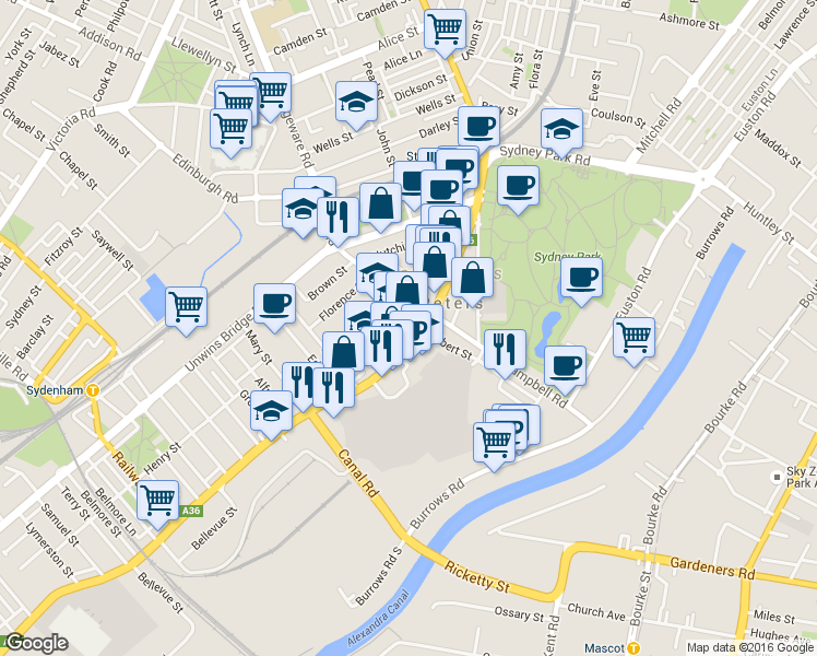 map of restaurants, bars, coffee shops, grocery stores, and more near 159 Princes Highway in Saint Peters