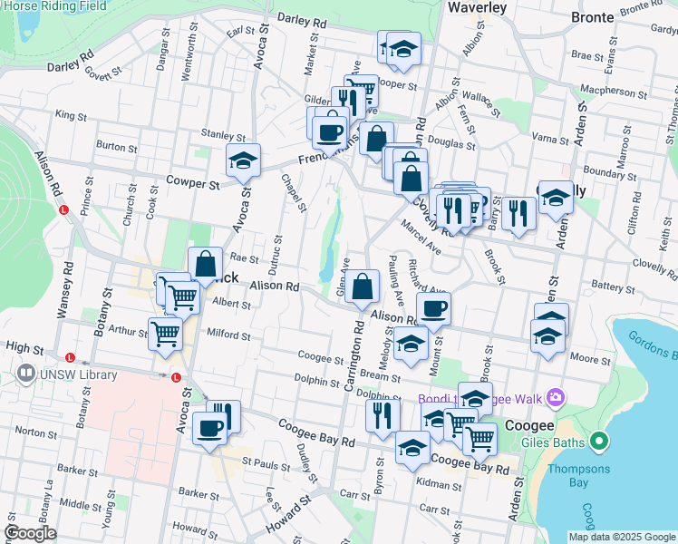 map of restaurants, bars, coffee shops, grocery stores, and more near 22 Glen Avenue in Randwick