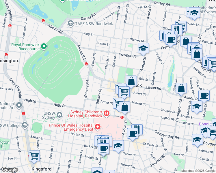 map of restaurants, bars, coffee shops, grocery stores, and more near 7 Silver Street in Randwick