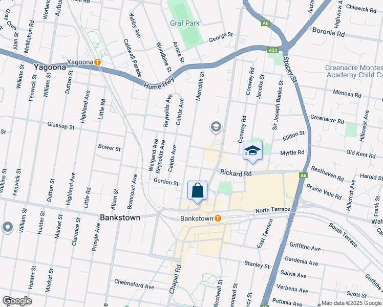 map of restaurants, bars, coffee shops, grocery stores, and more near 53 Meredith Street in Bankstown