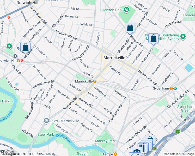 map of restaurants, bars, coffee shops, grocery stores, and more near 359 Illawarra Road in Marrickville