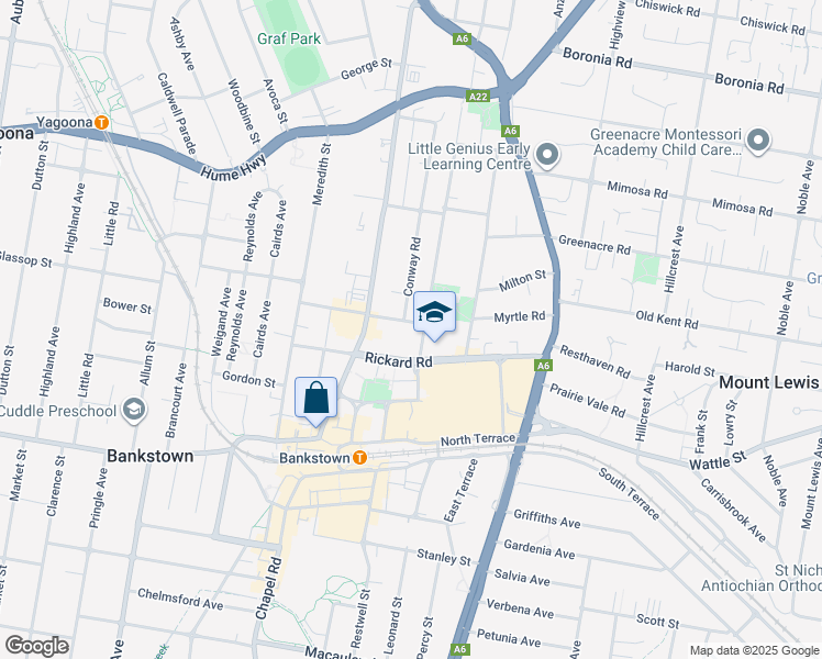 map of restaurants, bars, coffee shops, grocery stores, and more near 2 French Avenue in Bankstown