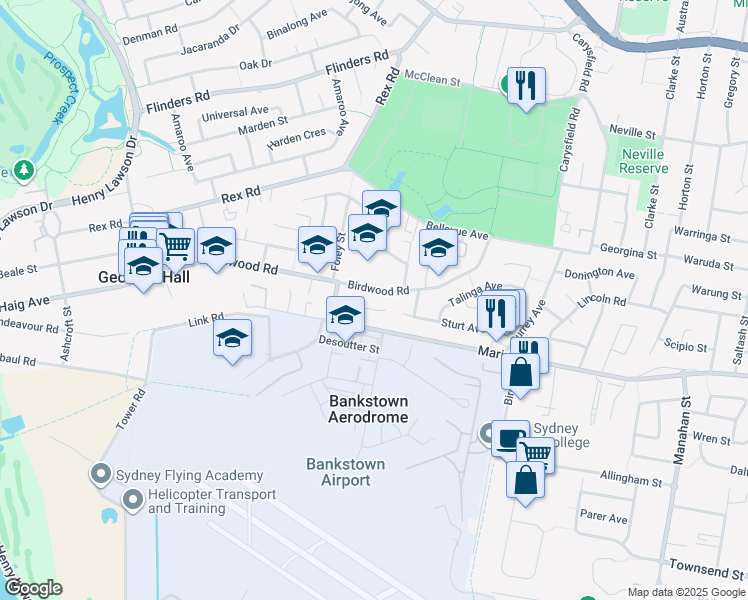 map of restaurants, bars, coffee shops, grocery stores, and more near 87 Birdwood Road in Georges Hall