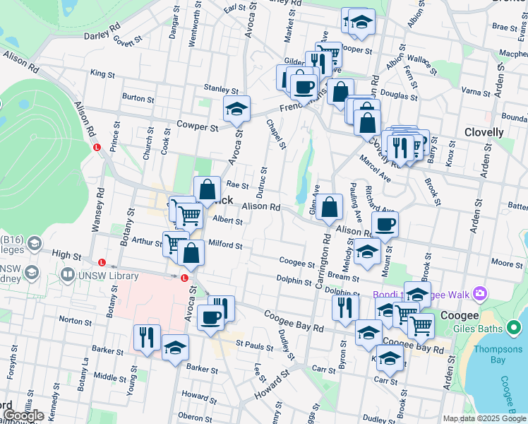 map of restaurants, bars, coffee shops, grocery stores, and more near 233 Alison Road in Randwick