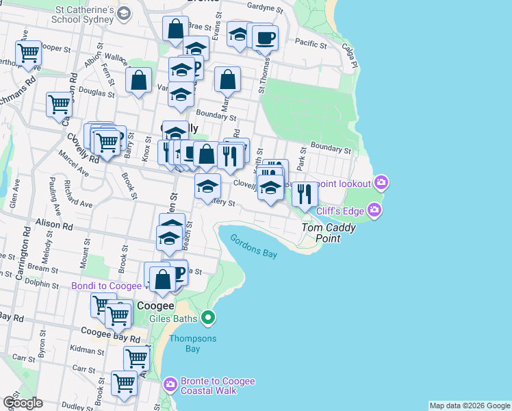 map of restaurants, bars, coffee shops, grocery stores, and more near 18 Melrose Parade in Clovelly