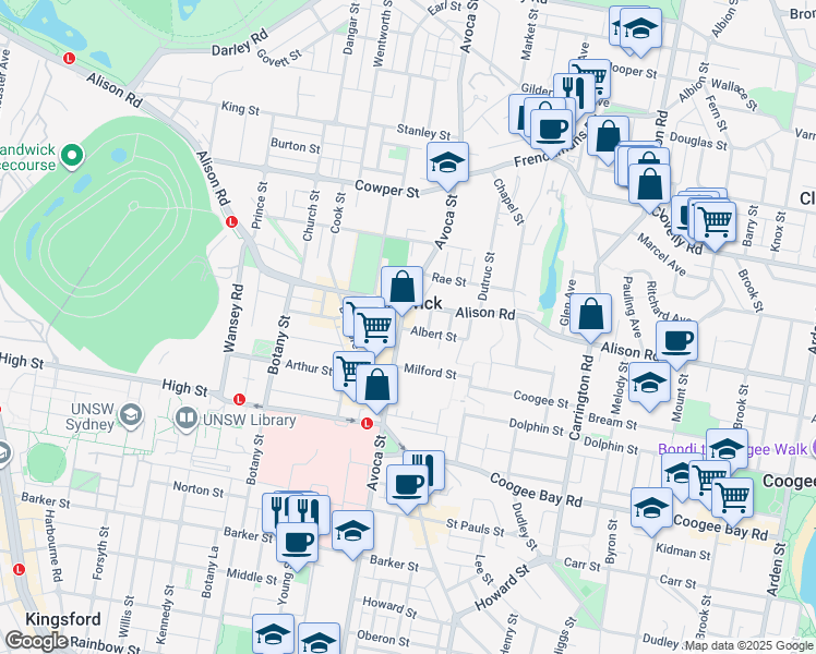 map of restaurants, bars, coffee shops, grocery stores, and more near 2 Albert Street in Randwick