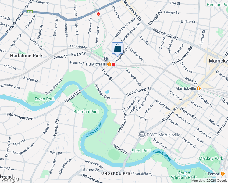 map of restaurants, bars, coffee shops, grocery stores, and more near 30 Ewart Street in Marrickville