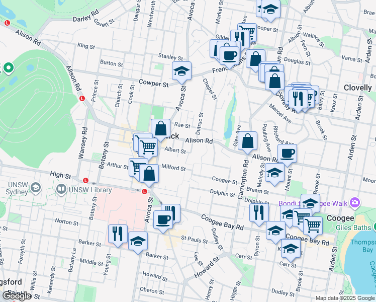 map of restaurants, bars, coffee shops, grocery stores, and more near 10 Pitt Street in Randwick