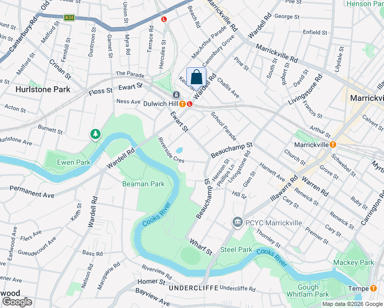 map of restaurants, bars, coffee shops, grocery stores, and more near 18A Ewart Street in Marrickville