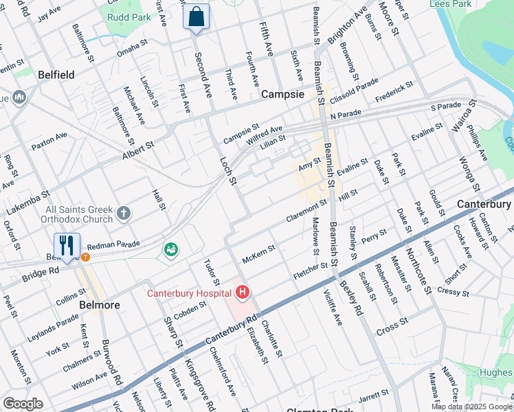 map of restaurants, bars, coffee shops, grocery stores, and more near 113 Evaline Street in Campsie