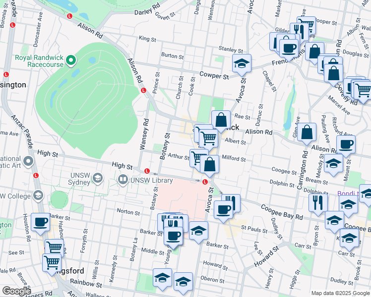 map of restaurants, bars, coffee shops, grocery stores, and more near 38 Waratah Avenue in Randwick