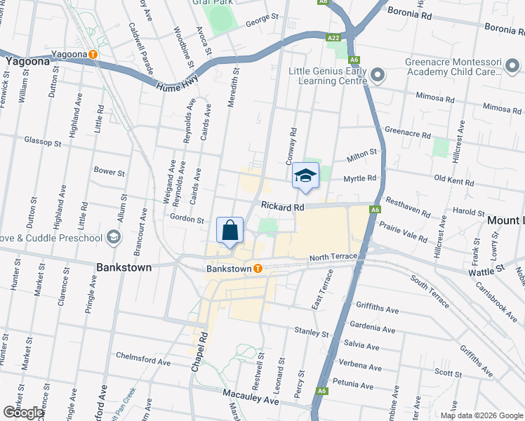 map of restaurants, bars, coffee shops, grocery stores, and more near 80 Rickard Road in Bankstown
