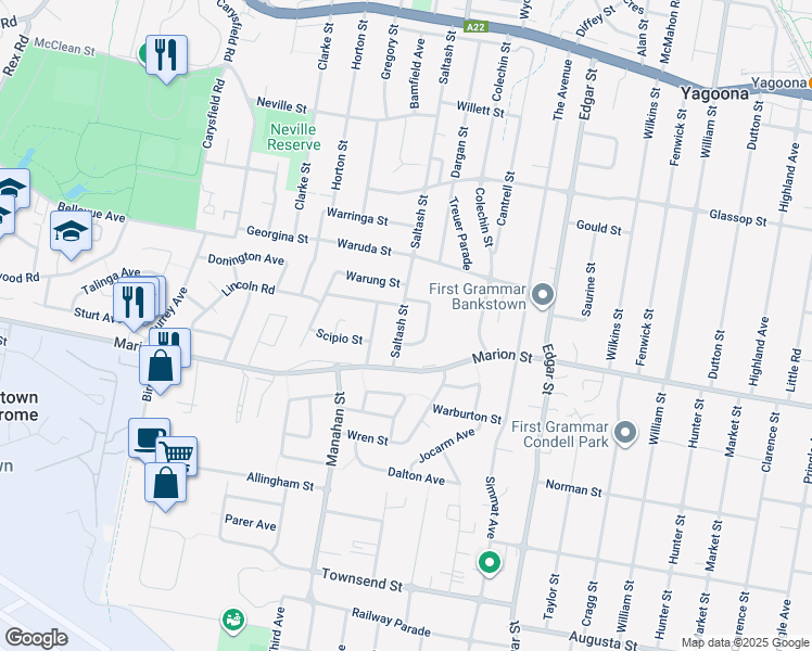 map of restaurants, bars, coffee shops, grocery stores, and more near 99 Saltash Street in Yagoona