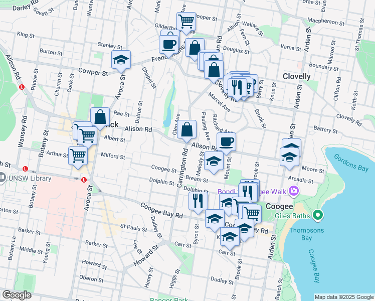map of restaurants, bars, coffee shops, grocery stores, and more near 185 Carrington Road in Coogee