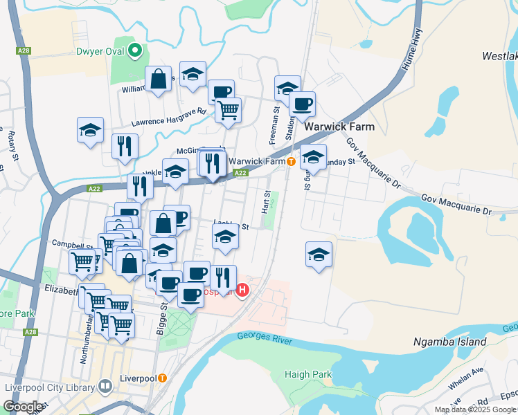 map of restaurants, bars, coffee shops, grocery stores, and more near 9 Hart Street in Warwick Farm
