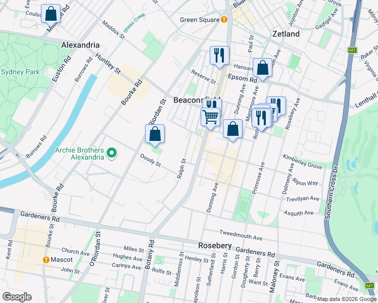 map of restaurants, bars, coffee shops, grocery stores, and more near 11-15 Ralph Street in Alexandria