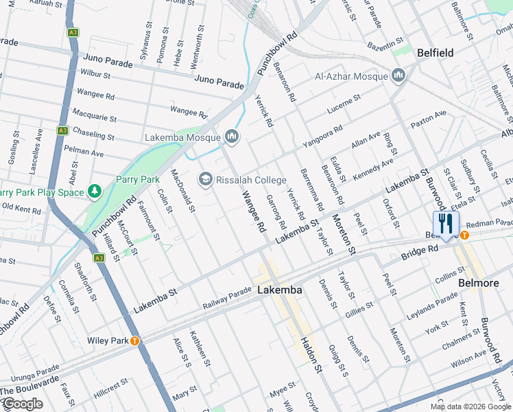 map of restaurants, bars, coffee shops, grocery stores, and more near 27 Wangee Road in Lakemba