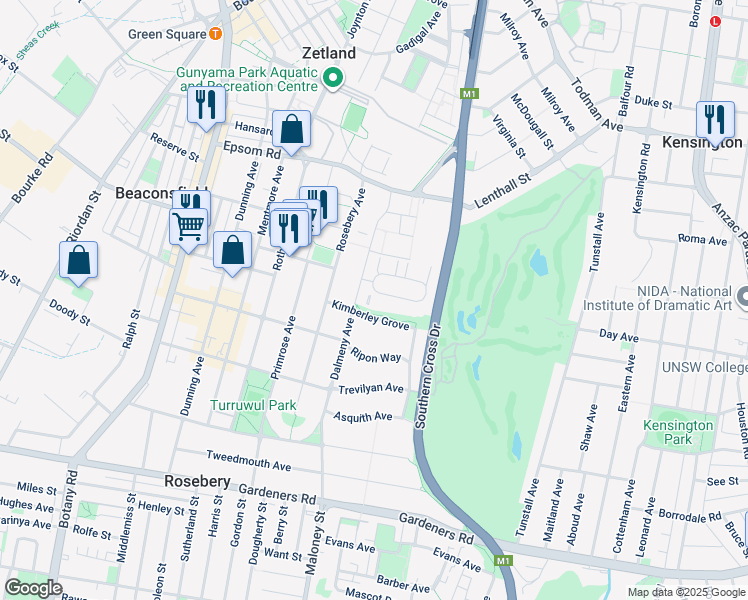 map of restaurants, bars, coffee shops, grocery stores, and more near 83 Dalmeny Avenue in Rosebery