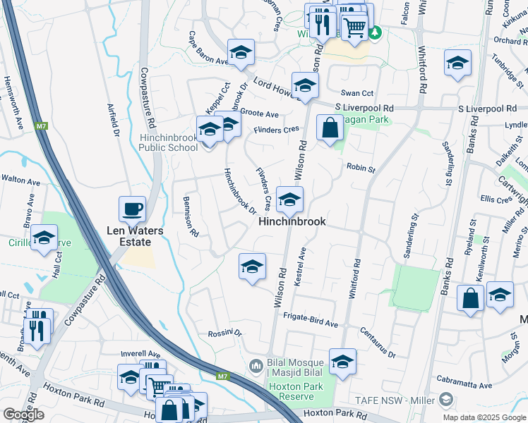 map of restaurants, bars, coffee shops, grocery stores, and more near 13 Hinchinbrook Drive in Hinchinbrook