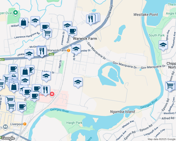 map of restaurants, bars, coffee shops, grocery stores, and more near 16 Stroud Avenue in Warwick Farm