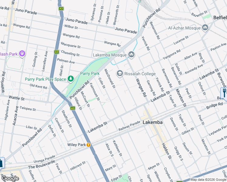map of restaurants, bars, coffee shops, grocery stores, and more near 38 MacDonald Street in Lakemba