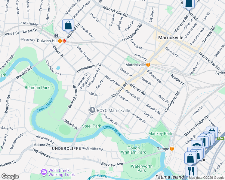 map of restaurants, bars, coffee shops, grocery stores, and more near 10 View Street in Marrickville