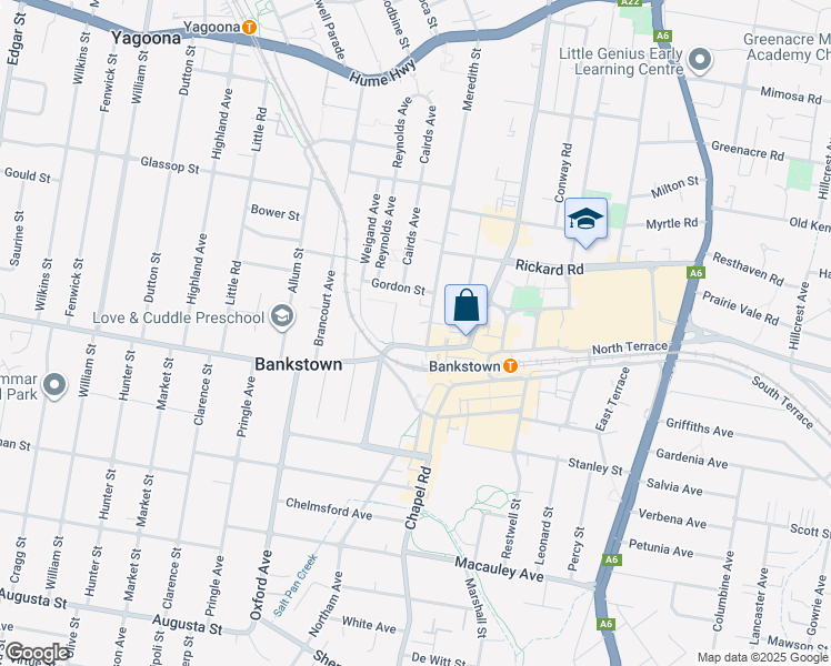 map of restaurants, bars, coffee shops, grocery stores, and more near 2-14 Meredith Street in Bankstown