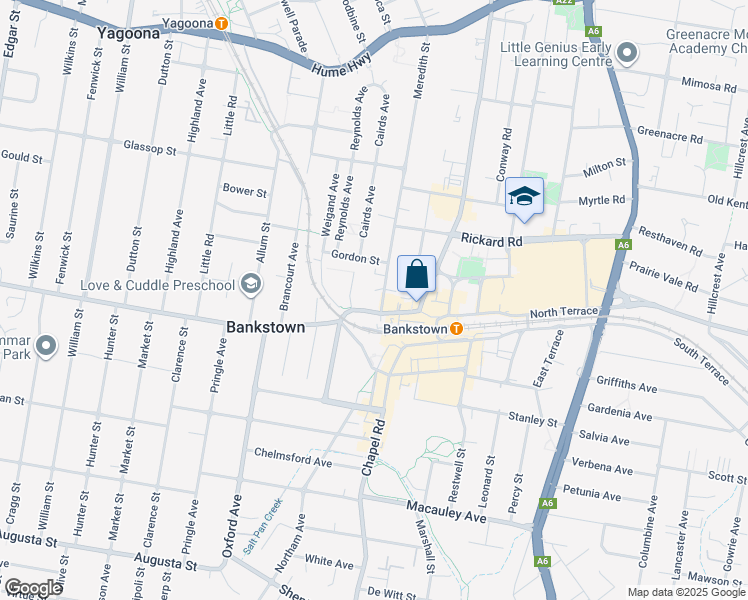 map of restaurants, bars, coffee shops, grocery stores, and more near 2-14 Meredith Street in Bankstown