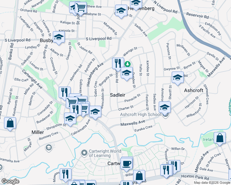 map of restaurants, bars, coffee shops, grocery stores, and more near 26 Bobin Road in Sadleir
