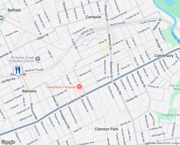 map of restaurants, bars, coffee shops, grocery stores, and more near 30 McKern Street in Campsie
