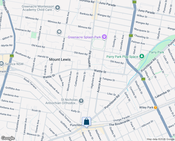 map of restaurants, bars, coffee shops, grocery stores, and more near 78 Wattle Street in Punchbowl