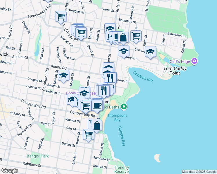 map of restaurants, bars, coffee shops, grocery stores, and more near 27 Arcadia Street in Coogee