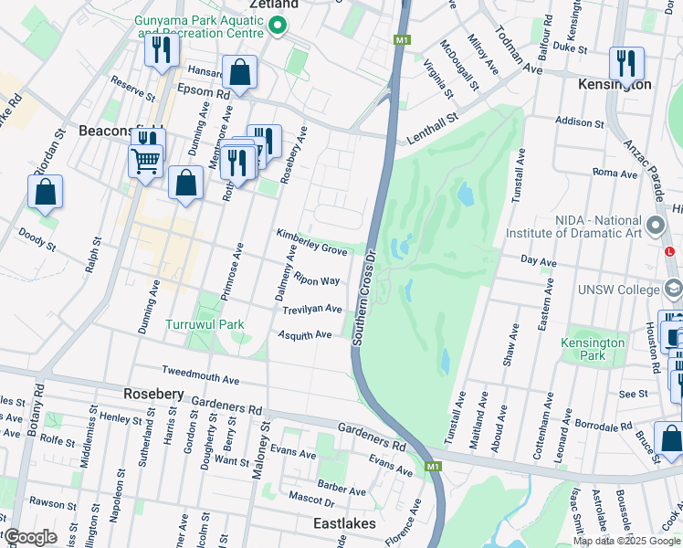 map of restaurants, bars, coffee shops, grocery stores, and more near 26 Ripon Way in Rosebery