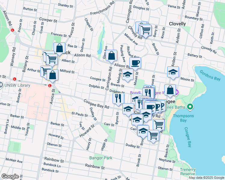 map of restaurants, bars, coffee shops, grocery stores, and more near 47R Dolphin Street in Coogee