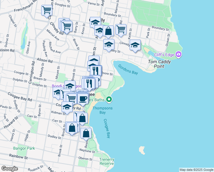 map of restaurants, bars, coffee shops, grocery stores, and more near 23 Baden Street in Coogee