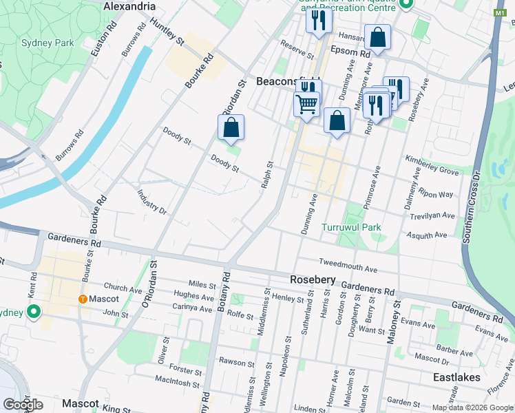 map of restaurants, bars, coffee shops, grocery stores, and more near 45 Ralph Street in Alexandria