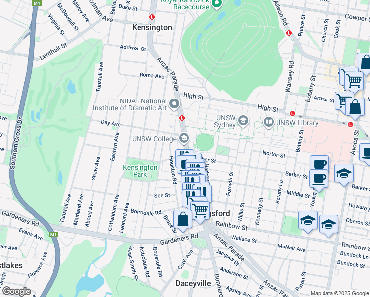 map of restaurants, bars, coffee shops, grocery stores, and more near 231 Anzac Parade in Sydney