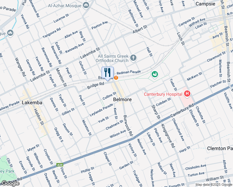map of restaurants, bars, coffee shops, grocery stores, and more near 400 Burwood Road in Belmore