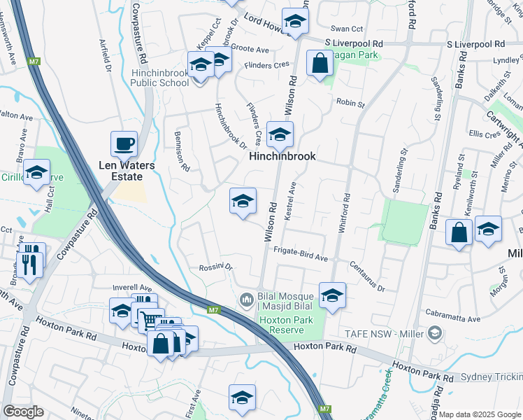 map of restaurants, bars, coffee shops, grocery stores, and more near 40 Wilson Road in Hinchinbrook