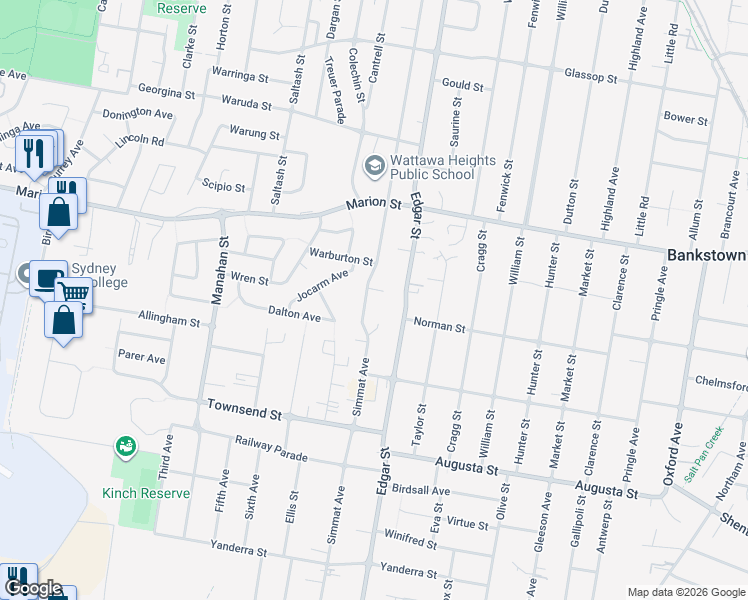 map of restaurants, bars, coffee shops, grocery stores, and more near 13 Simmat Avenue in Condell Park