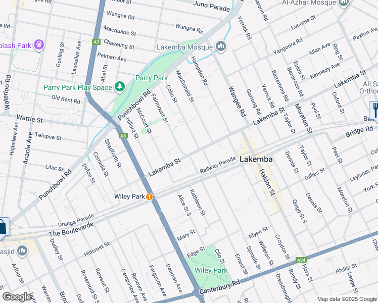 map of restaurants, bars, coffee shops, grocery stores, and more near 259 Lakemba Street in Lakemba