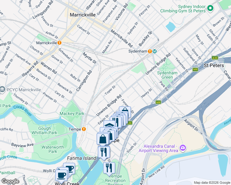 map of restaurants, bars, coffee shops, grocery stores, and more near 119 Unwins Bridge Road in Tempe