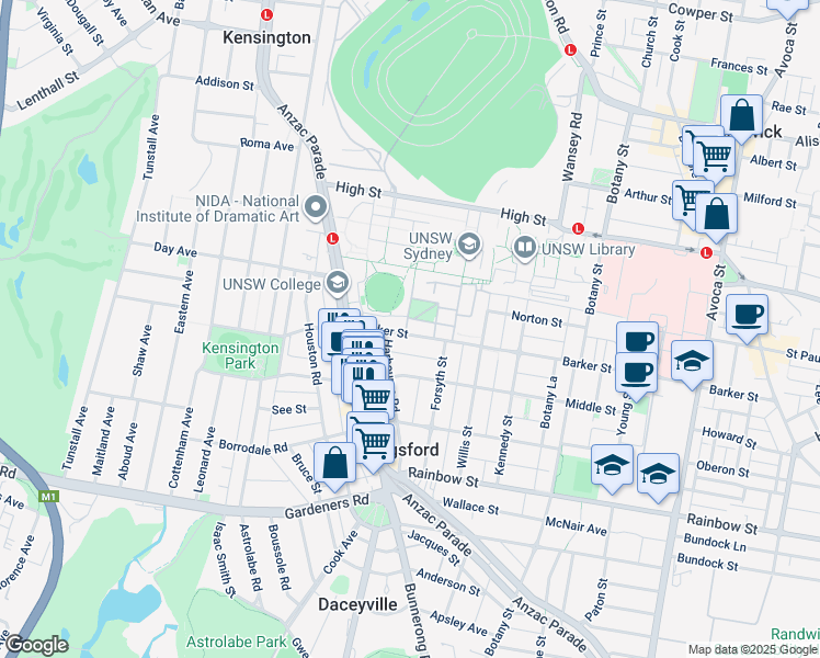 map of restaurants, bars, coffee shops, grocery stores, and more near 39 Barker Street in Kingsford