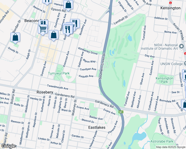 map of restaurants, bars, coffee shops, grocery stores, and more near 34 Asquith Avenue in Rosebery