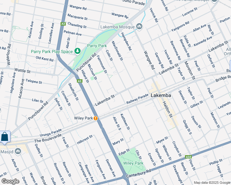map of restaurants, bars, coffee shops, grocery stores, and more near 265 Lakemba Street in Lakemba