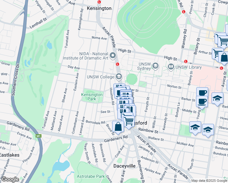 map of restaurants, bars, coffee shops, grocery stores, and more near 2A Barker Street in Kingsford
