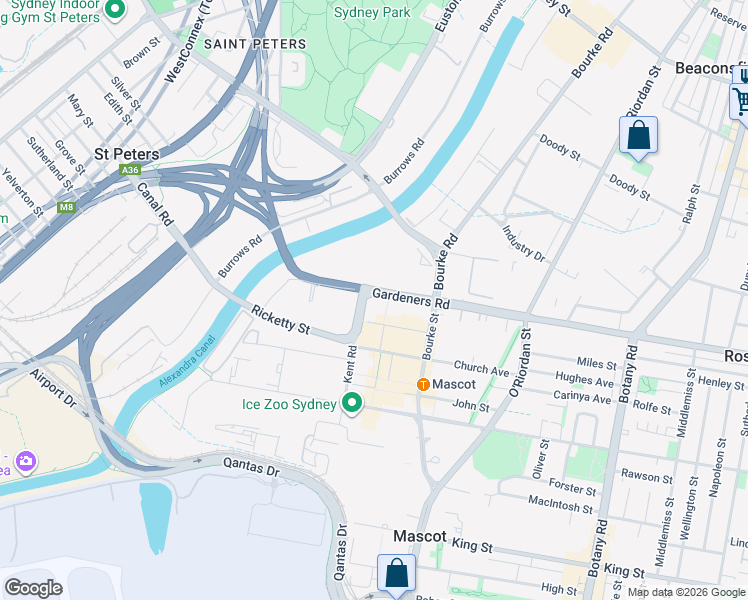 map of restaurants, bars, coffee shops, grocery stores, and more near 675 Gardeners Road in Mascot