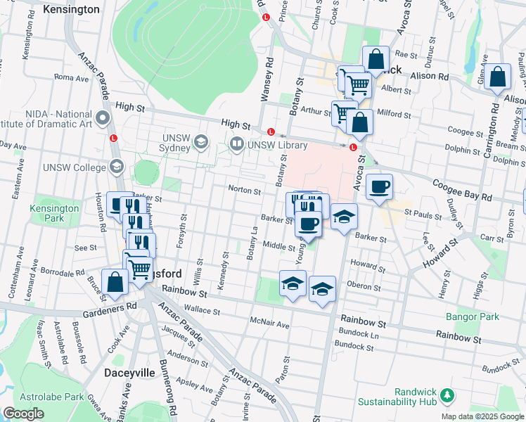map of restaurants, bars, coffee shops, grocery stores, and more near 127A Barker Street in Kingsford