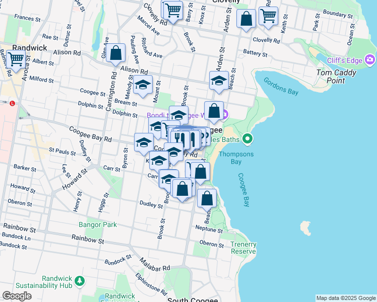 map of restaurants, bars, coffee shops, grocery stores, and more near 236 Coogee Bay Road in Coogee